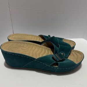 David Tate teal Green wedge slide slip on Sandals size 8.5 wide .